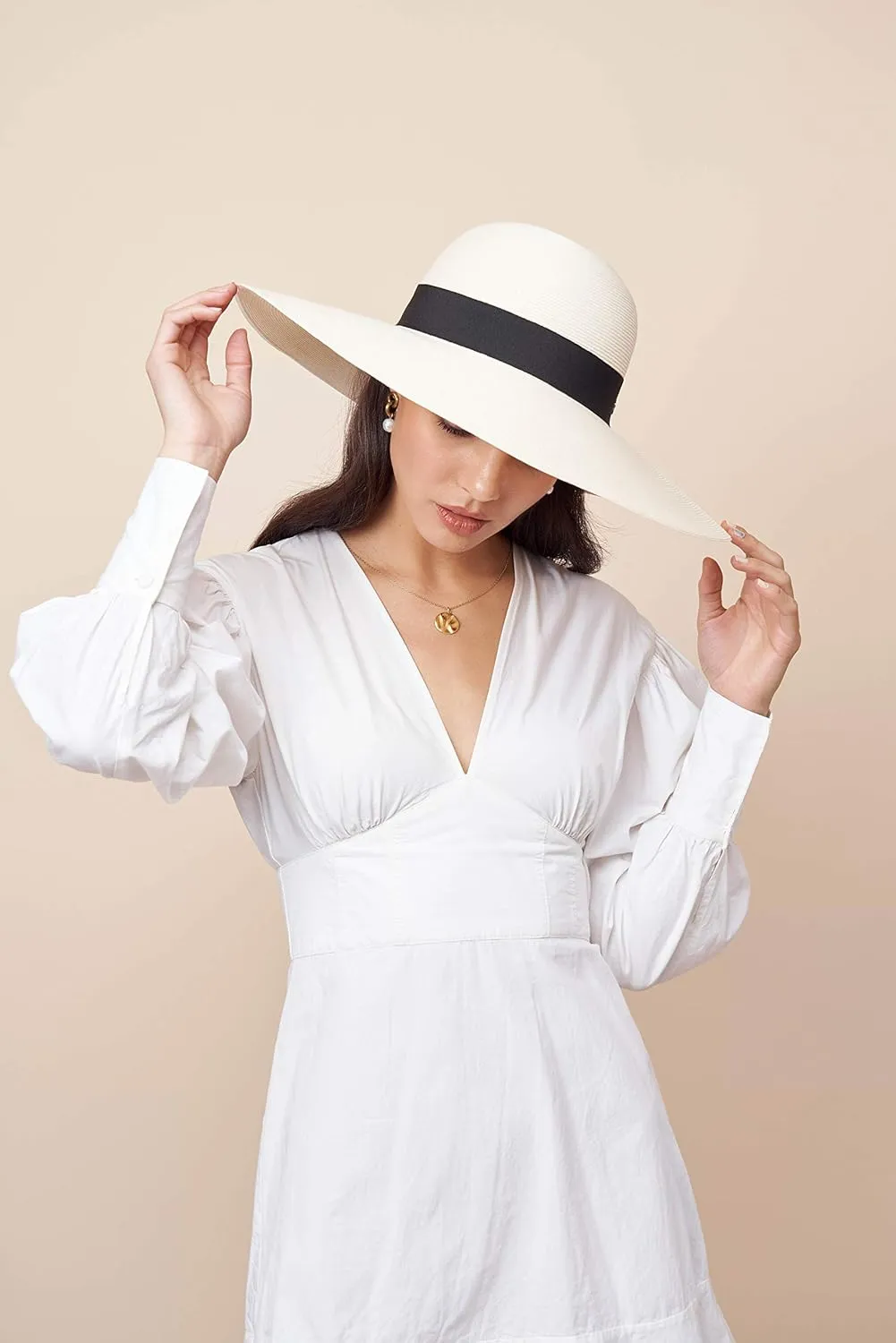 Pineapple&Star Jeune Wide Brim Sun Straw Beach Hat Fine Braid UPF50  for Women
