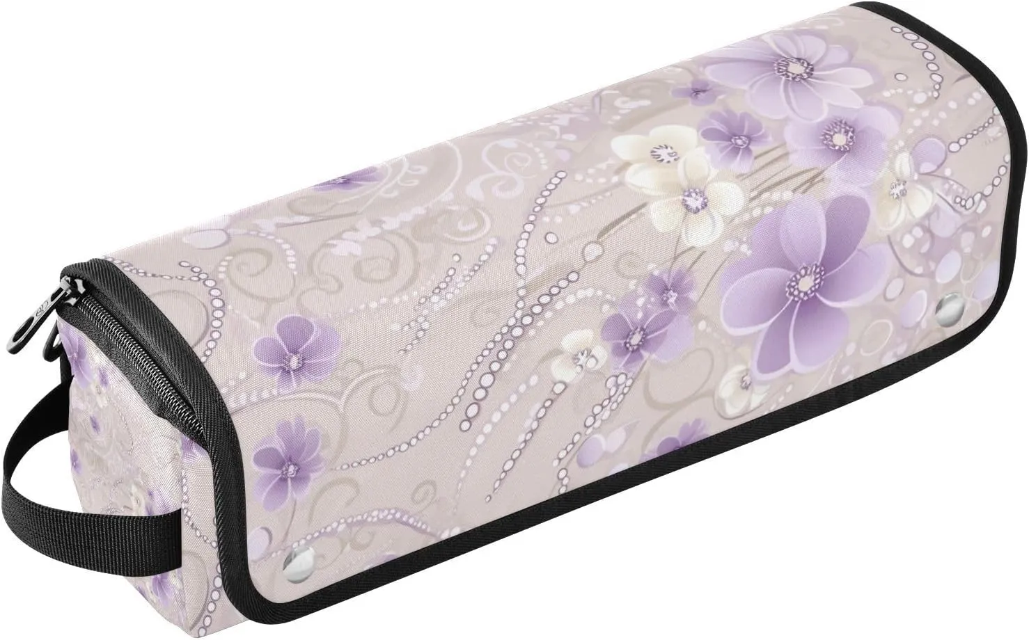 Pink and White Vintage Pearl Flowers Hair Tool Travel Bag with Heat Resistant Mat Waterproof Portable Open Flat Travel Bag for Curling Iron Straightener Flat Hair Dryer