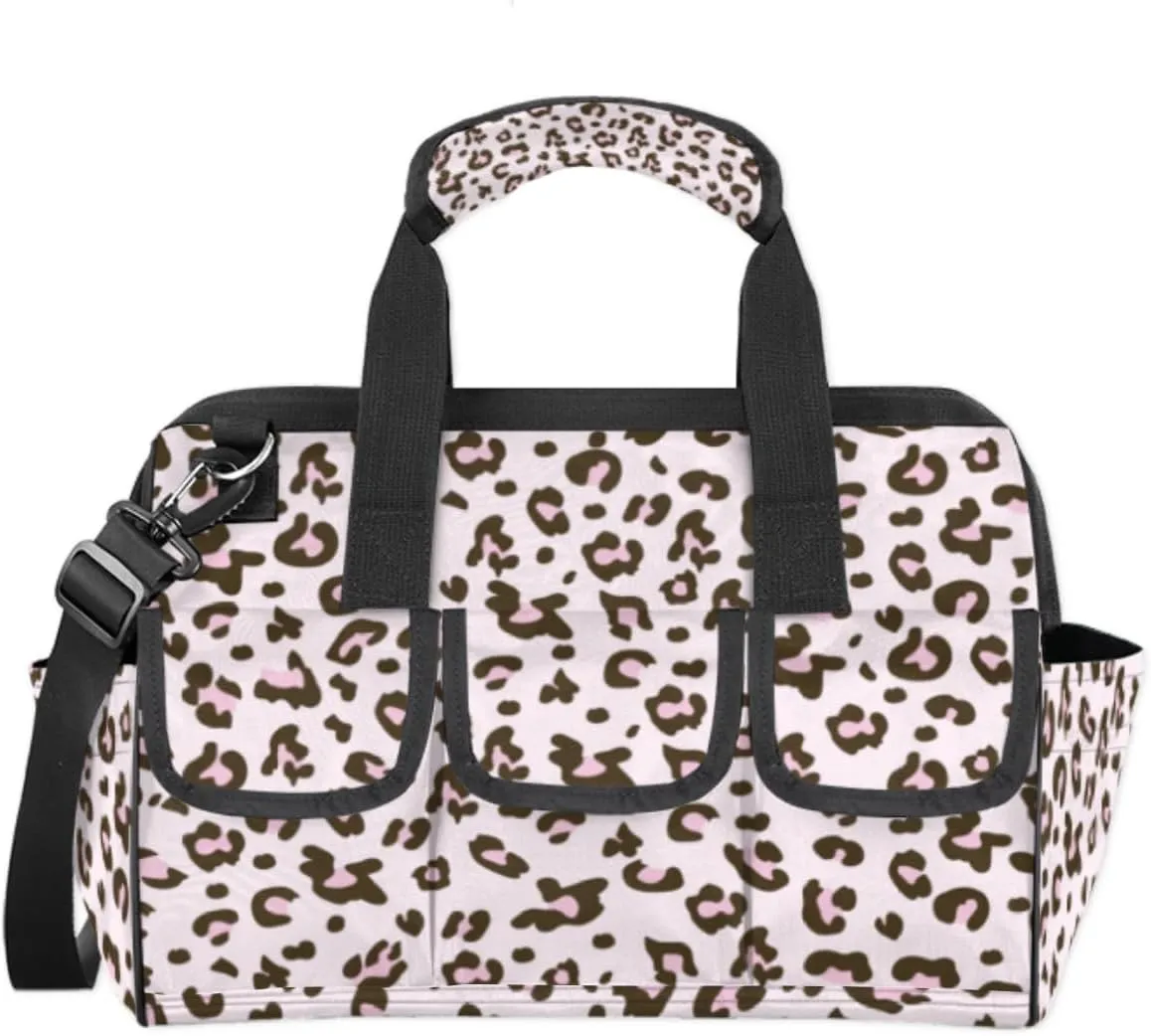 Pink Leopard Skin Print Wide Mouth Tool Bags for Men and Women 14.8-Inch Tool Tote Bag Pouch Heavy Duty Tool Organizer Bag with Adjustable Strape for Plumbers Electricians Handymen