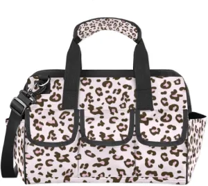 Pink Leopard Skin Print Wide Mouth Tool Bags for Men and Women 14.8-Inch Tool Tote Bag Pouch Heavy Duty Tool Organizer Bag with Adjustable Strape for Plumbers Electricians Handymen