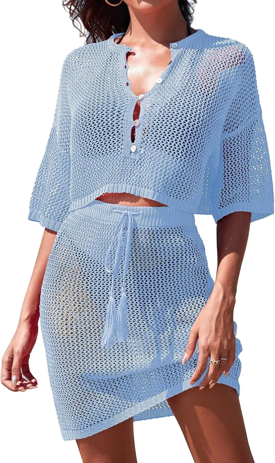 Pink Queen 2 Piece Crochet Swimsuit Cover Ups for Women Hollow Out Knitted Bathing Suit Coverup Beach Crop Top and Skirt Sets