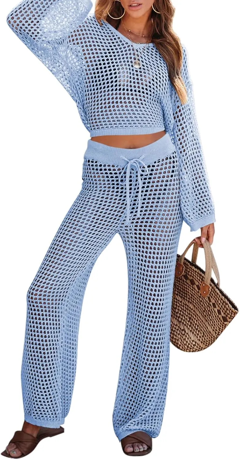 Pink Queen Women's Swimsuit Cover Up Set 2 Piece Crochet Long Sleeve Crop Top Wide Leg Pants Beach Coverups Outfits