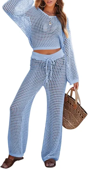 Pink Queen Women's Swimsuit Cover Up Set 2 Piece Crochet Long Sleeve Crop Top Wide Leg Pants Beach Coverups Outfits