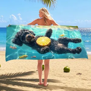 Playful Puppy Pool Microfiber Beach Towel Black Dog Artwork, Quick Dry Absorbent Sand Free Oversized Lightweight Beach Blanket, Fun Summer Vacation Pool Gym Essentials 70x35 Inch