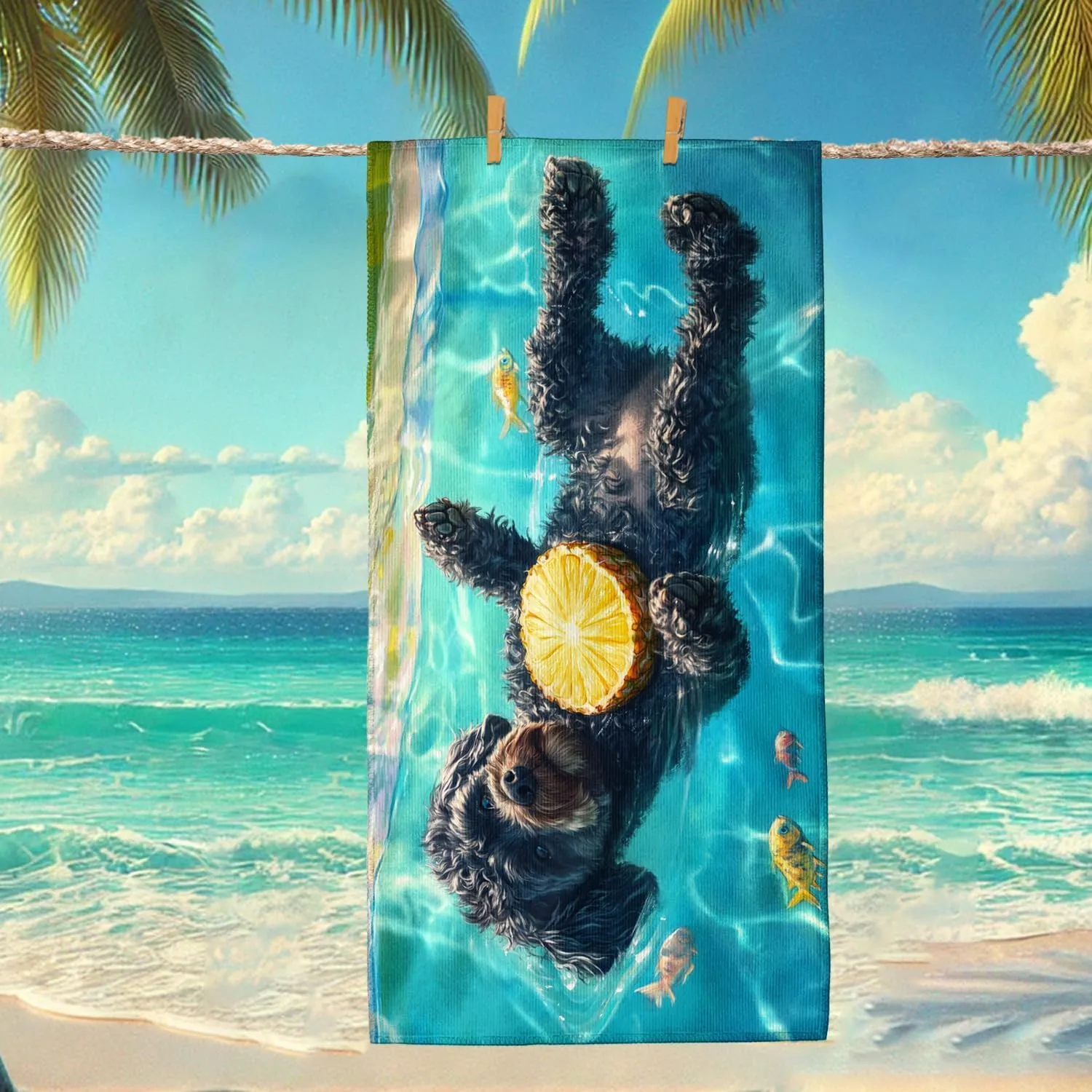 Playful Puppy Pool Microfiber Beach Towel Black Dog Artwork, Quick Dry Absorbent Sand Free Oversized Lightweight Beach Blanket, Fun Summer Vacation Pool Gym Essentials 70x35 Inch