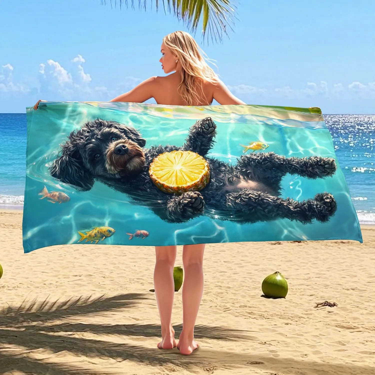 Playful Puppy Pool Microfiber Beach Towel Black Dog Artwork, Quick Dry Absorbent Sand Free Oversized Lightweight Beach Blanket, Fun Summer Vacation Pool Gym Essentials 70x35 Inch