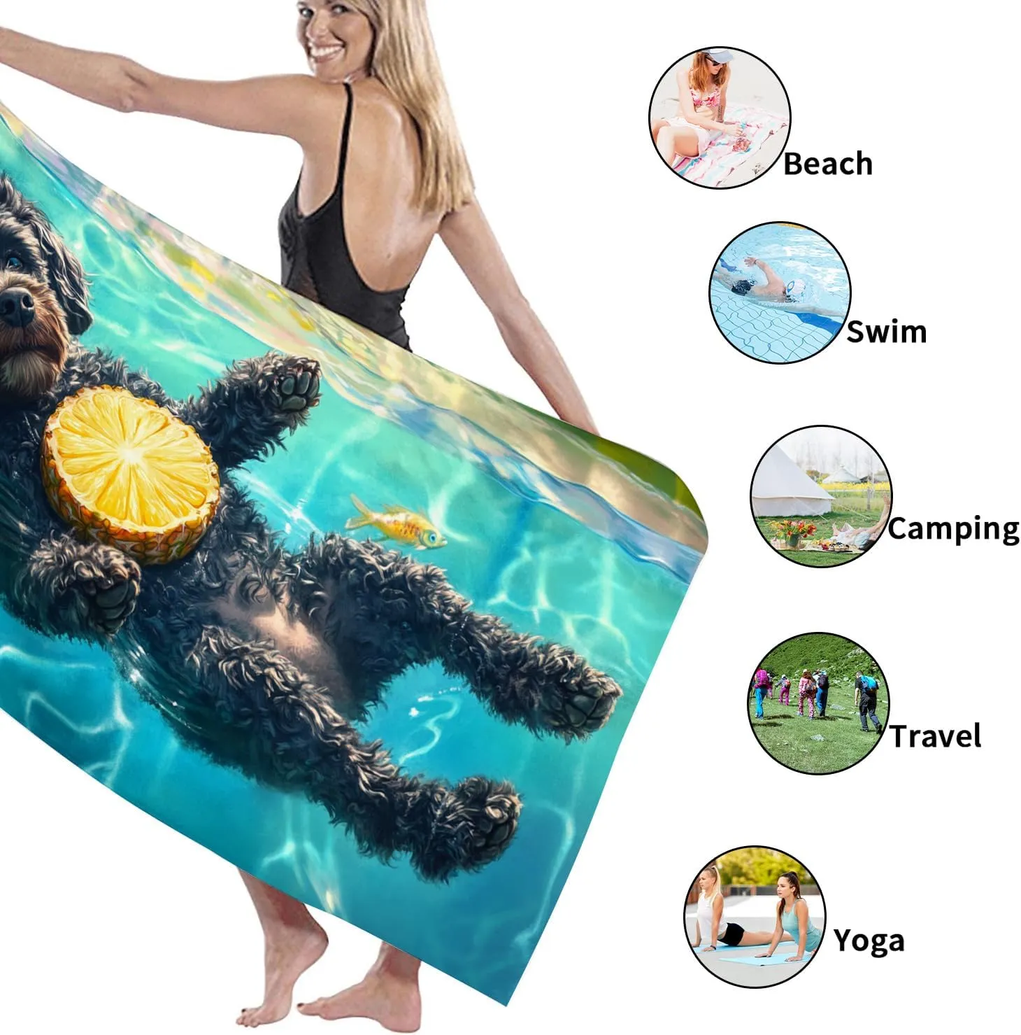 Playful Puppy Pool Microfiber Beach Towel Black Dog Artwork, Quick Dry Absorbent Sand Free Oversized Lightweight Beach Blanket, Fun Summer Vacation Pool Gym Essentials 70x35 Inch