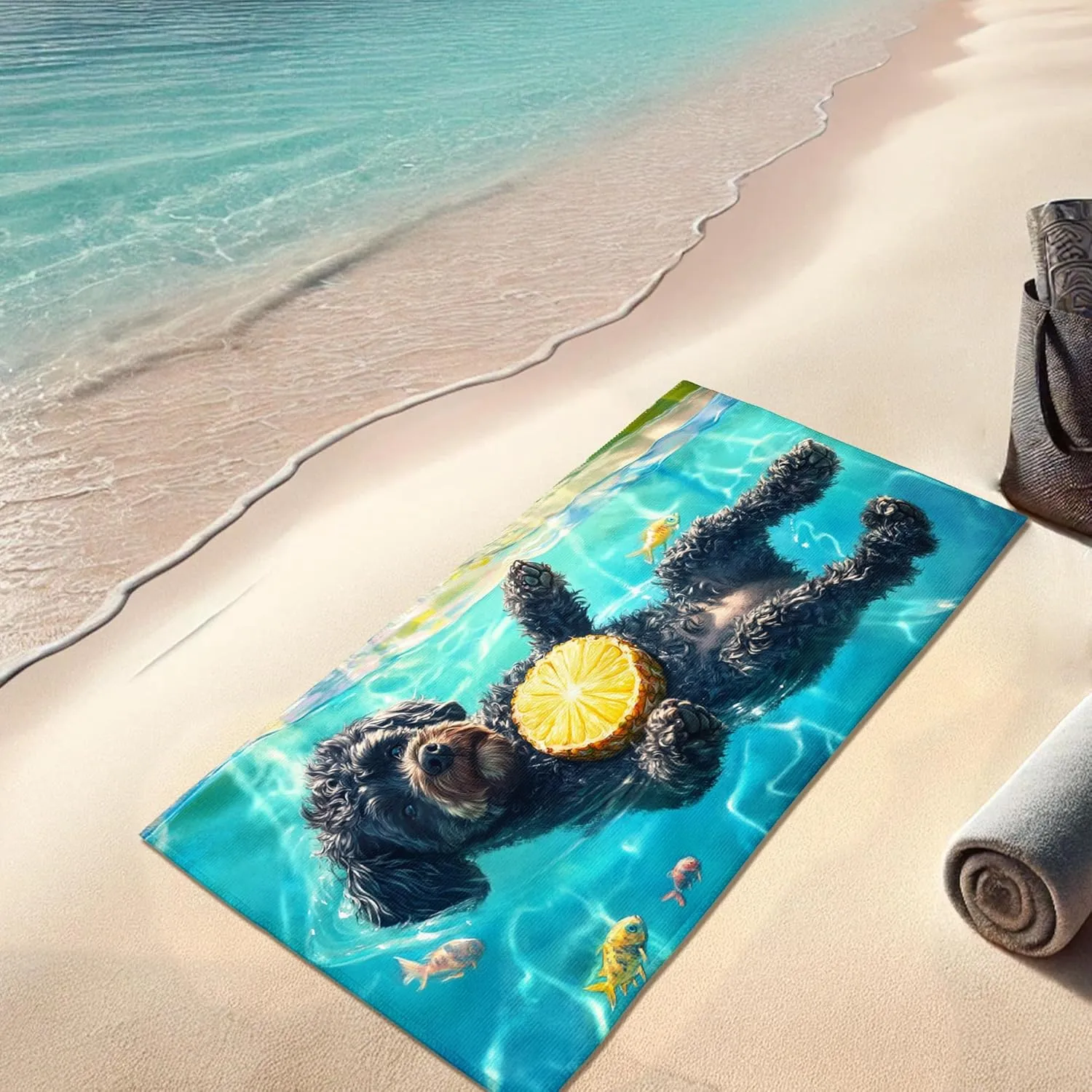 Playful Puppy Pool Microfiber Beach Towel Black Dog Artwork, Quick Dry Absorbent Sand Free Oversized Lightweight Beach Blanket, Fun Summer Vacation Pool Gym Essentials 70x35 Inch