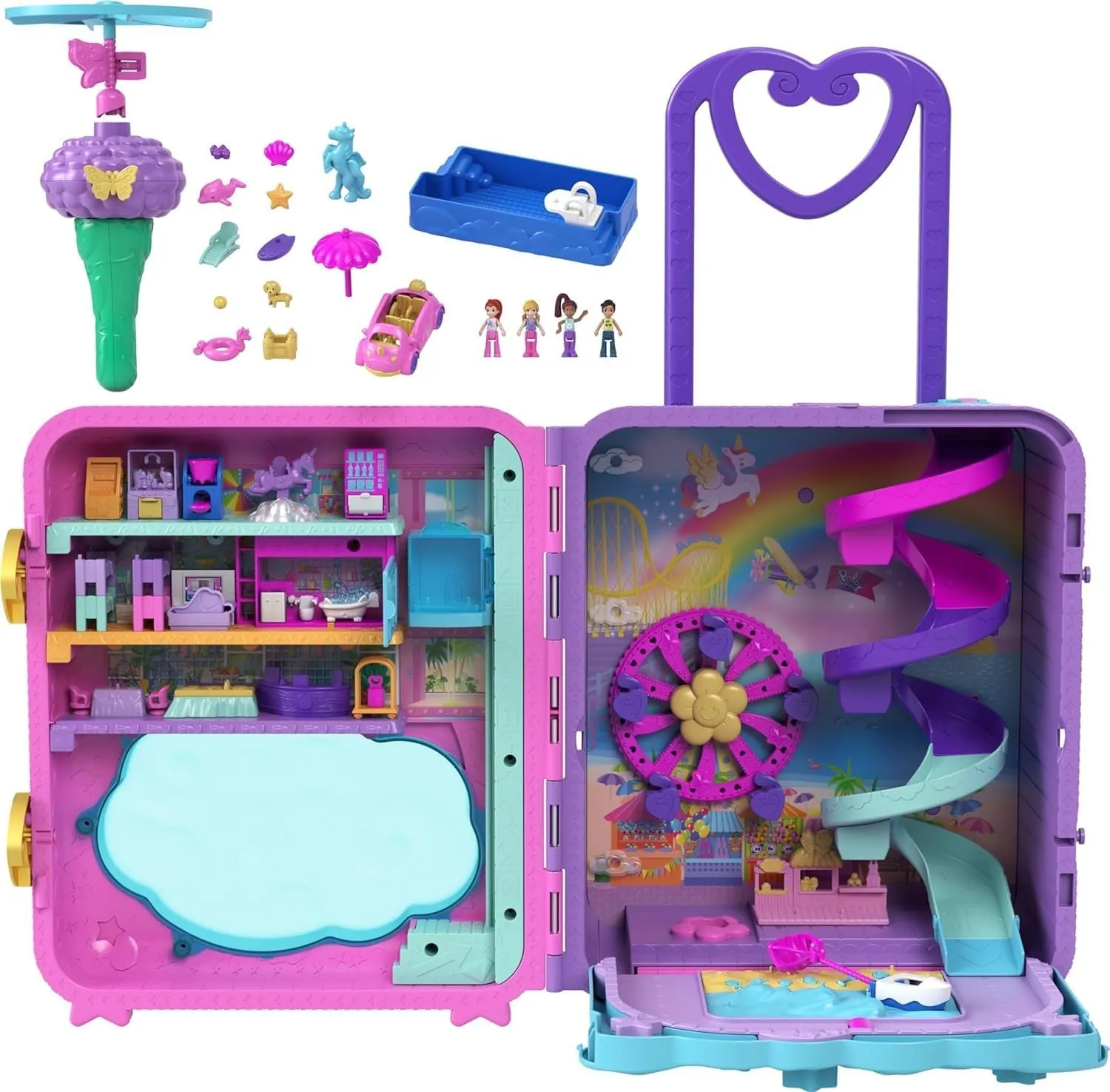 Polly Pocket Pollyville Playset, Resort Rollaway Suitcase, Large Travel Toy with 4 Dolls, Car, 25  Accessories & Storage