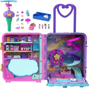 Polly Pocket Pollyville Playset, Resort Rollaway Suitcase, Large Travel Toy with 4 Dolls, Car, 25  Accessories & Storage