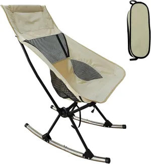 Portable Camping Chair, Foldable Camping Rocking Chair, Outdoor Rocker Chair with Carry Bag for Camp, Hiking, Travel, Fishing, Beach, 198LBS Max, Beige