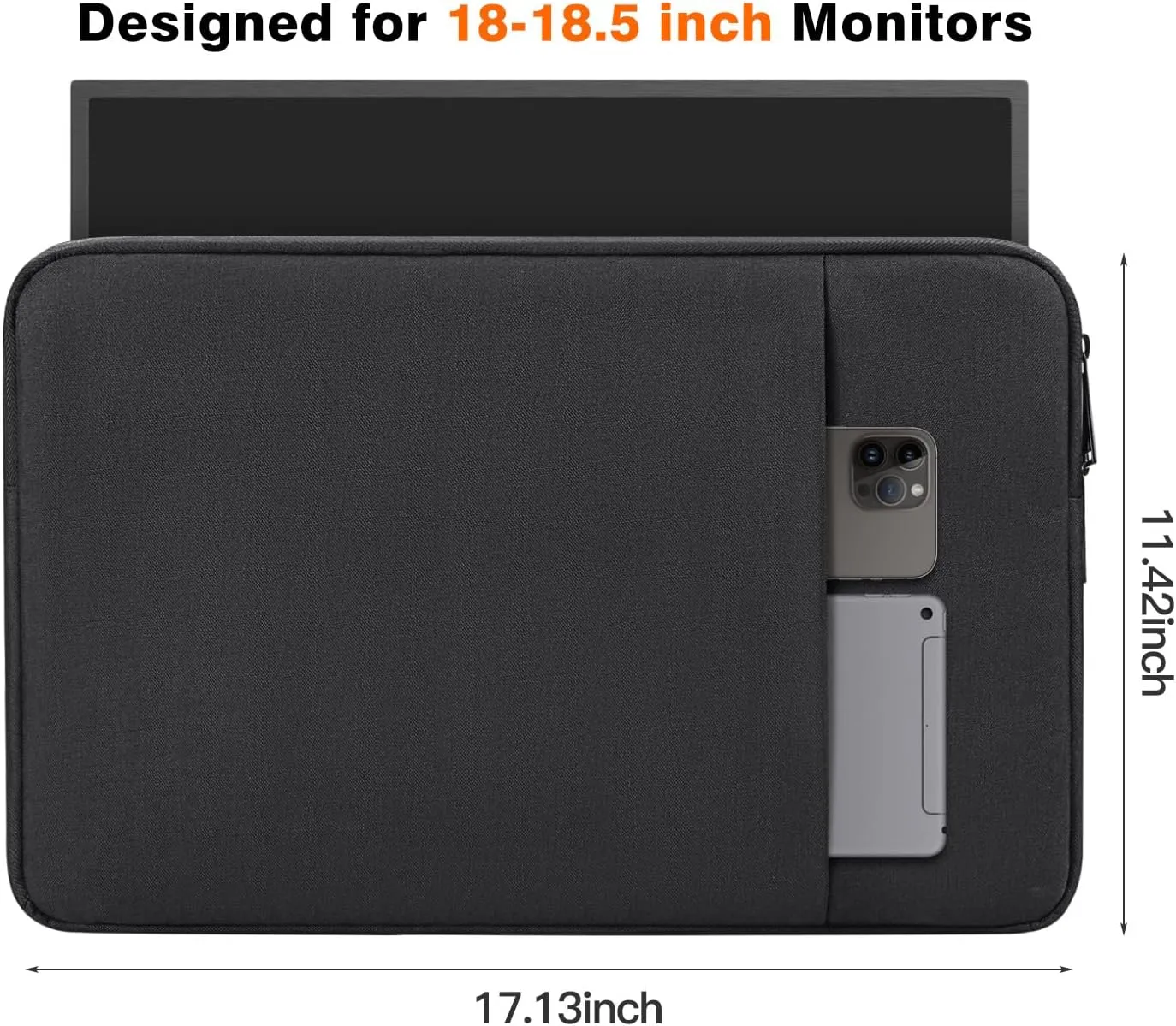 Portable Monitor Case 18.5 inch, Padded Shockproof Protective Carrying Sleeve for Most 18.5" Portable Monitors, Water-Resistant Monitor Display Bag Cover with Accessory Pocket -Black