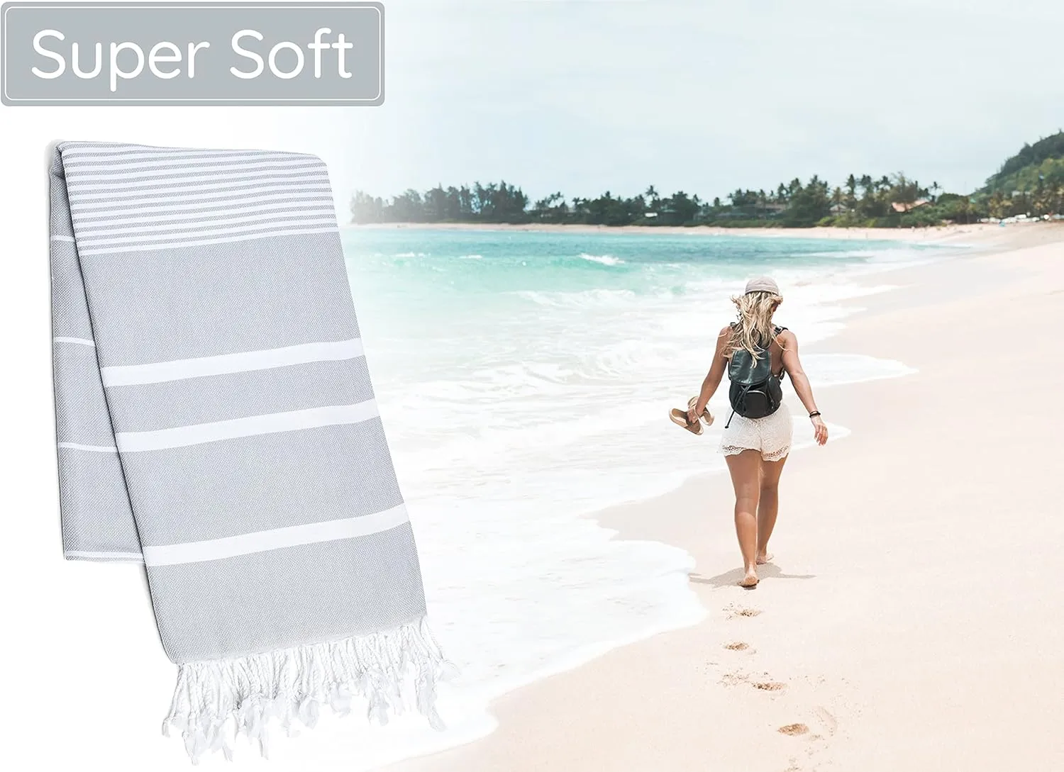 Premium Turkish Beach Towel (35”x67”) Suitable for Adults and Kids 100% Natural Cotton Quick Dry and Sand Free Turkish Towel Beach Blanket– Silver Grey Color