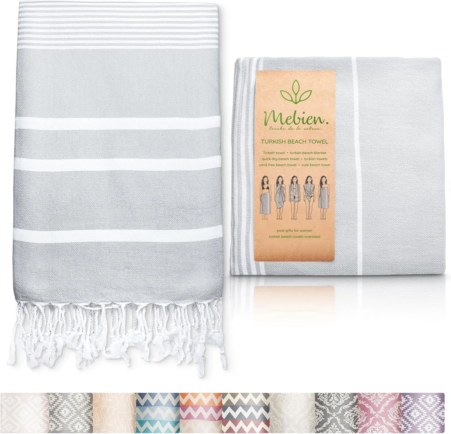 Premium Turkish Beach Towel (35”x67”) Suitable for Adults and Kids 100% Natural Cotton Quick Dry and Sand Free Turkish Towel Beach Blanket– Silver Grey Color
