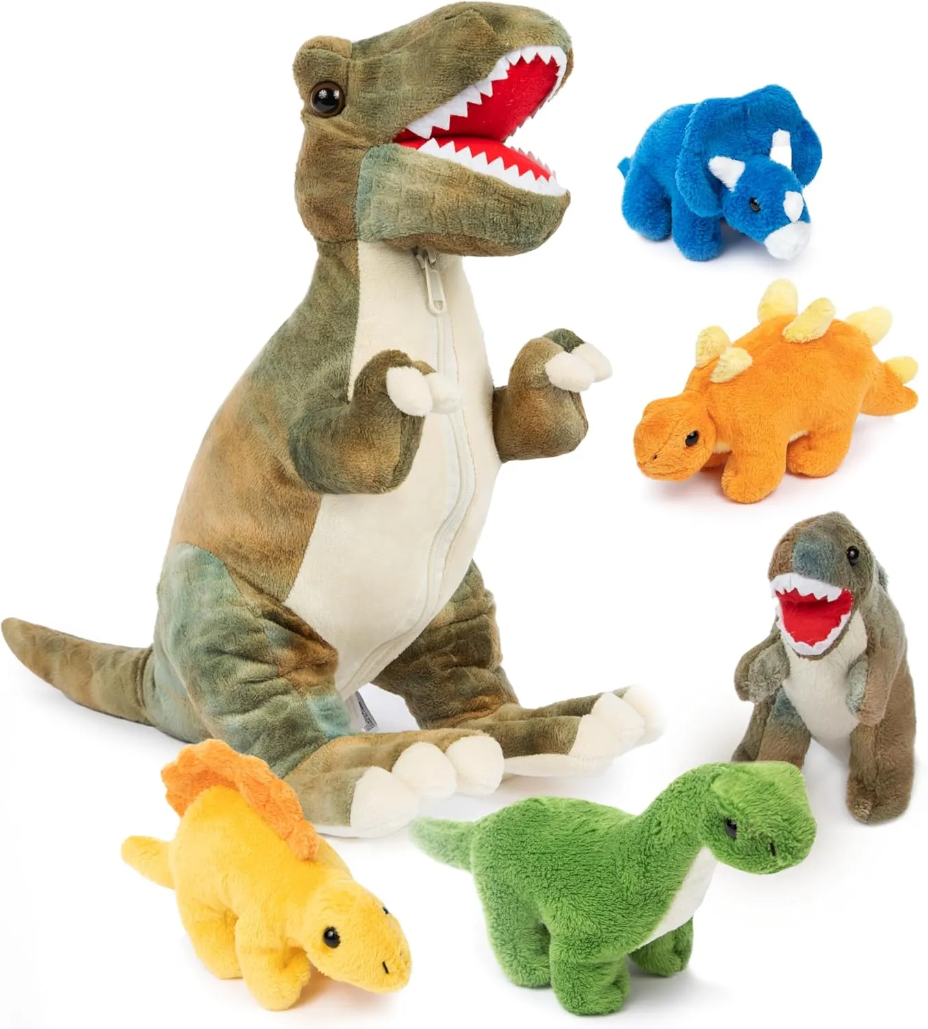 PREXTEX Dinosaur Stuffed Animal Set - 15-Inch T-Rex with 5 Prehistoric Plush Dinosaurs Zipped Inside - Dino Toys and Dinosaur Plushies for Imaginative Play - Thoughtful Gift for Kids Aged 3 and Up