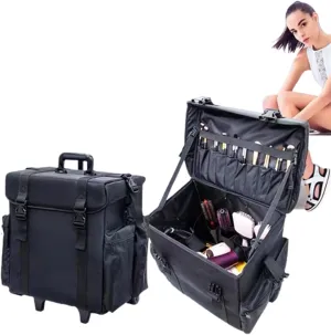 Professional Rolling Makeup Case Soft Sided Cosmetology Organizer Wheeled Nylon Case Portable Travel Supply Station