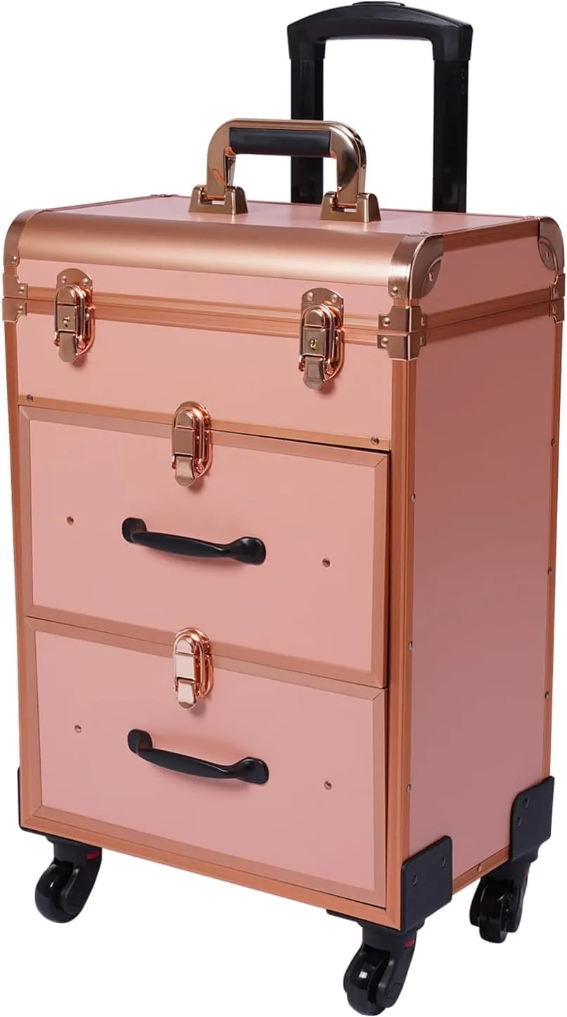 Professional Rolling Makeup Train Case, Aluminum Large Storage Cosmetic Trolley Makeup Travel Case, Salon Barber Case Traveling Cart Trunk Organizer Gold