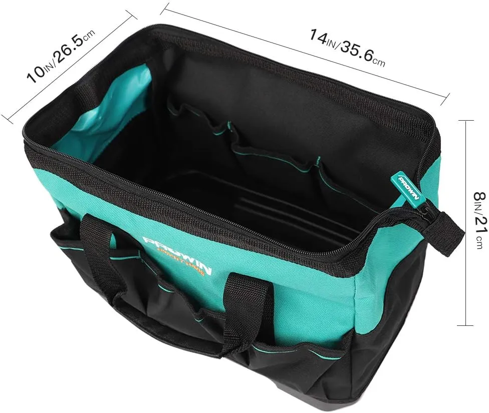 Prowin 14-inch Tool Bag, Multi-pocket Tool Organizer with Plastic Waterproof Bottom, Wide Mouth Tool Tote Bag with Inside Pockets for Construction, Carpentry, Gardening, Electrician, DIY