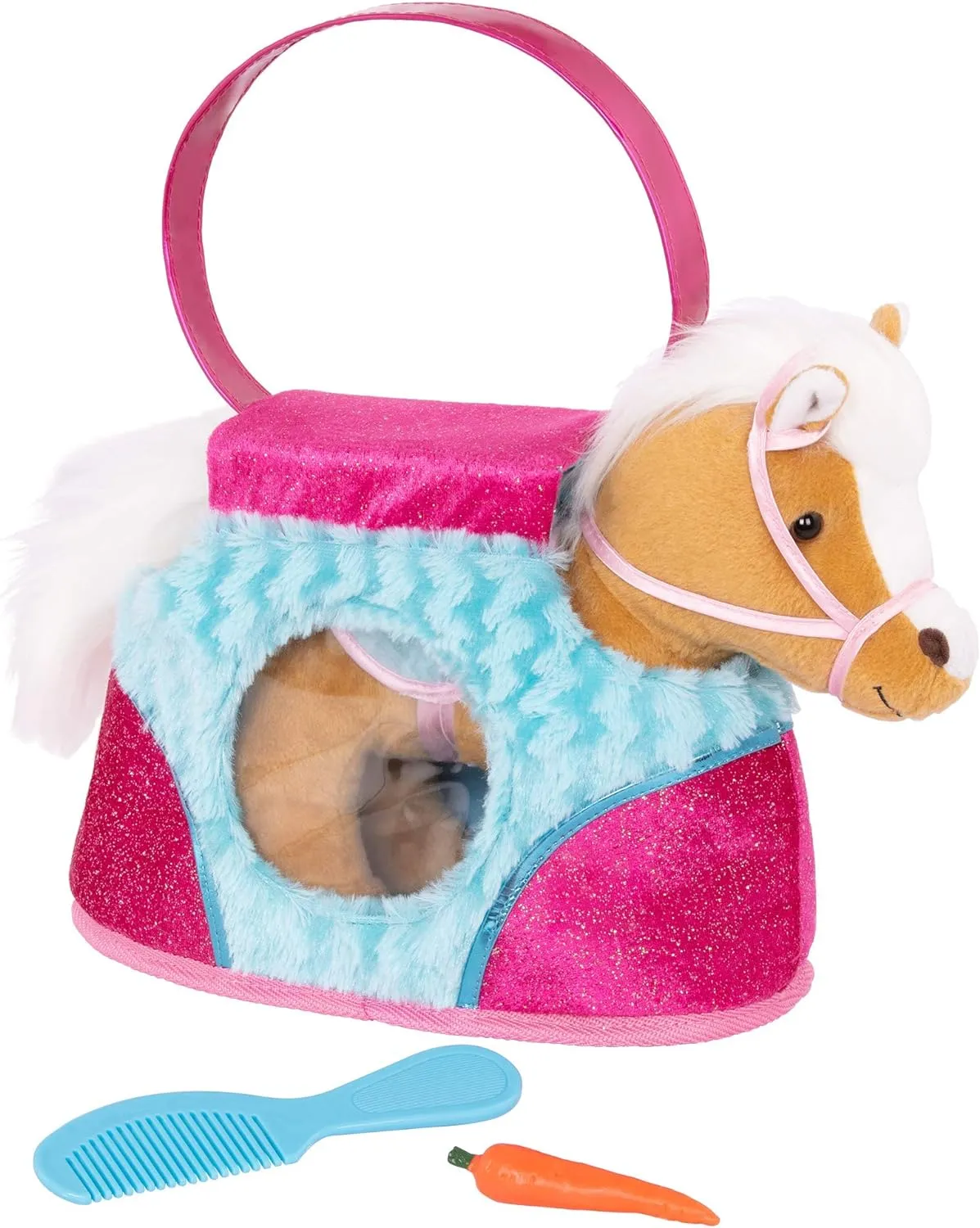 Pucci Pups – Beige Horse with Blue Stripes and Pink Pony Bag (ST8274Z) 10 inches