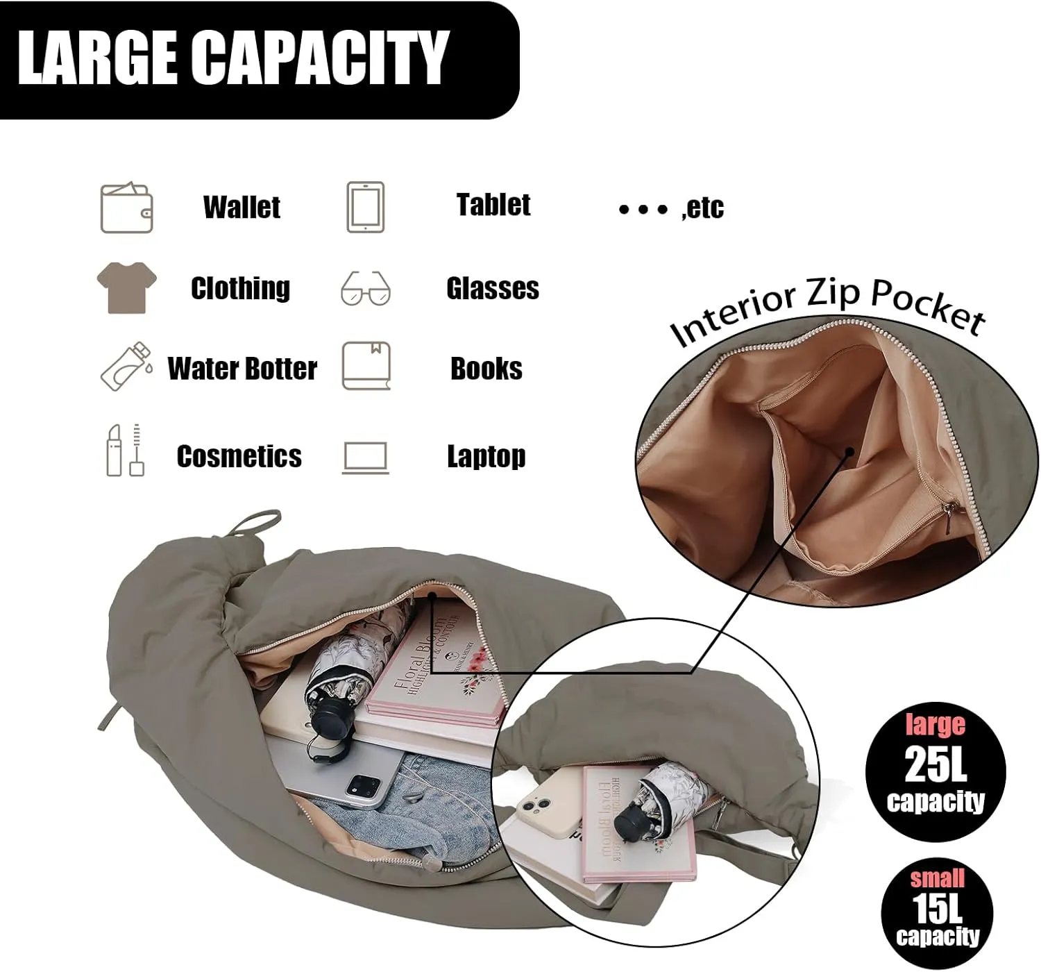 Puffer Tote Bag for Women,Oversized Nylon Soft Down Cotton Padding Bag Crossbody Shoulder Bag with Zipper