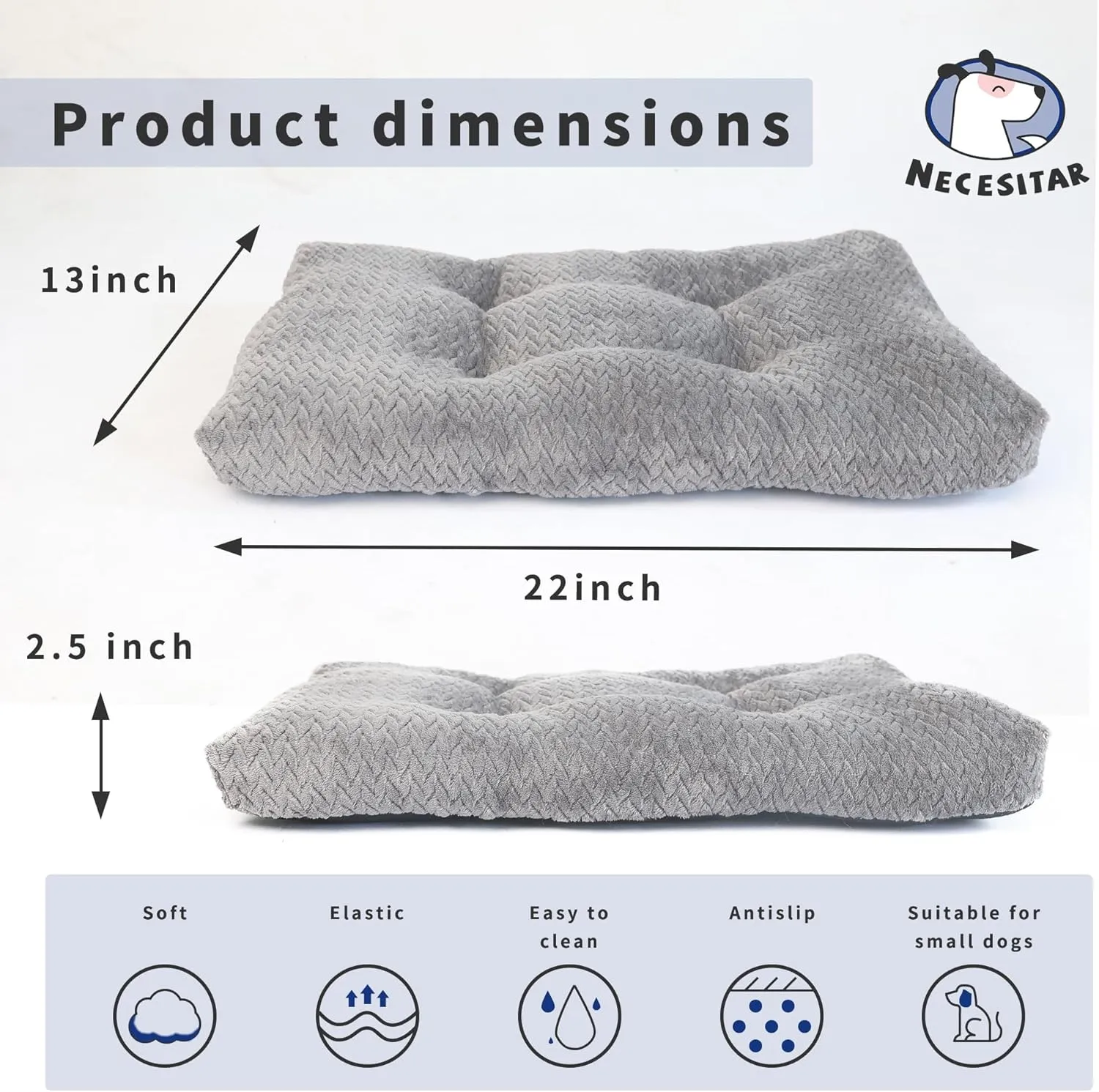 Puppy Bed for Small Dogs Washable Crate Bed for Cages 22 inch Warming Cozy Soft Pet Pad with Anti-Slip Up to 15 lbs Pets Pillows fit Small Size Dogs or Kitten,22x13 Dark Grey