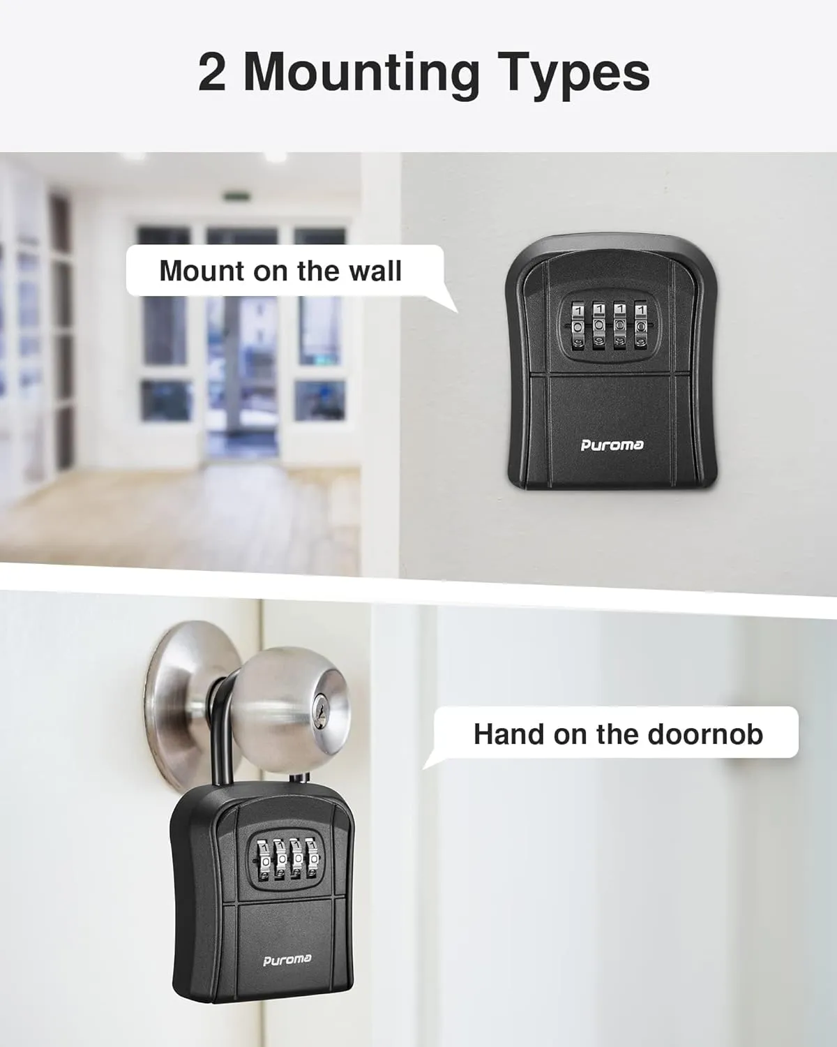 Puroma Key Lock Box, Portable Combination Lockbox Wall-Mounted Key Storage Box for House Keys, Resettable Code Safe Security Lock Box for Home, Office, Apartment Spare Key Storage (2 Pack, Pure Black)