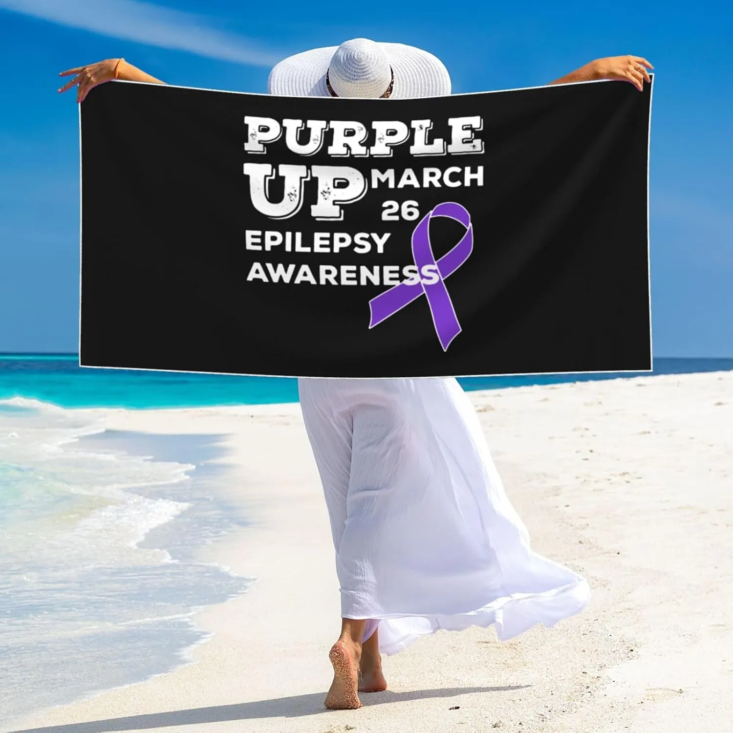 Purple Up March 26 Support Epilepsy Awareness Beach Towel 27.5x55 Inches - Ultra Soft Quick Dry Sand Towel, Lightweight Large Bath Towel for Pool, Summer, Travel