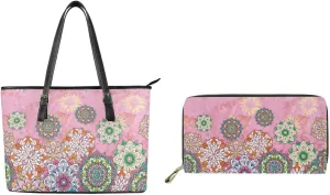 Purse Sets for Women 2Pcs Polynesian Print Large Capacity Tote Handbag Travel Bags Zippered Coin Card Purse Pouch