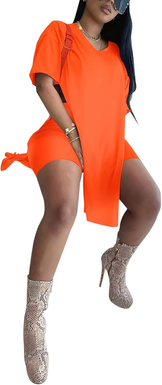 qfmqkpi Women’s Casual 2 Piece Outfits V Neck Side Split Tops and Shorts Set Tracksuit