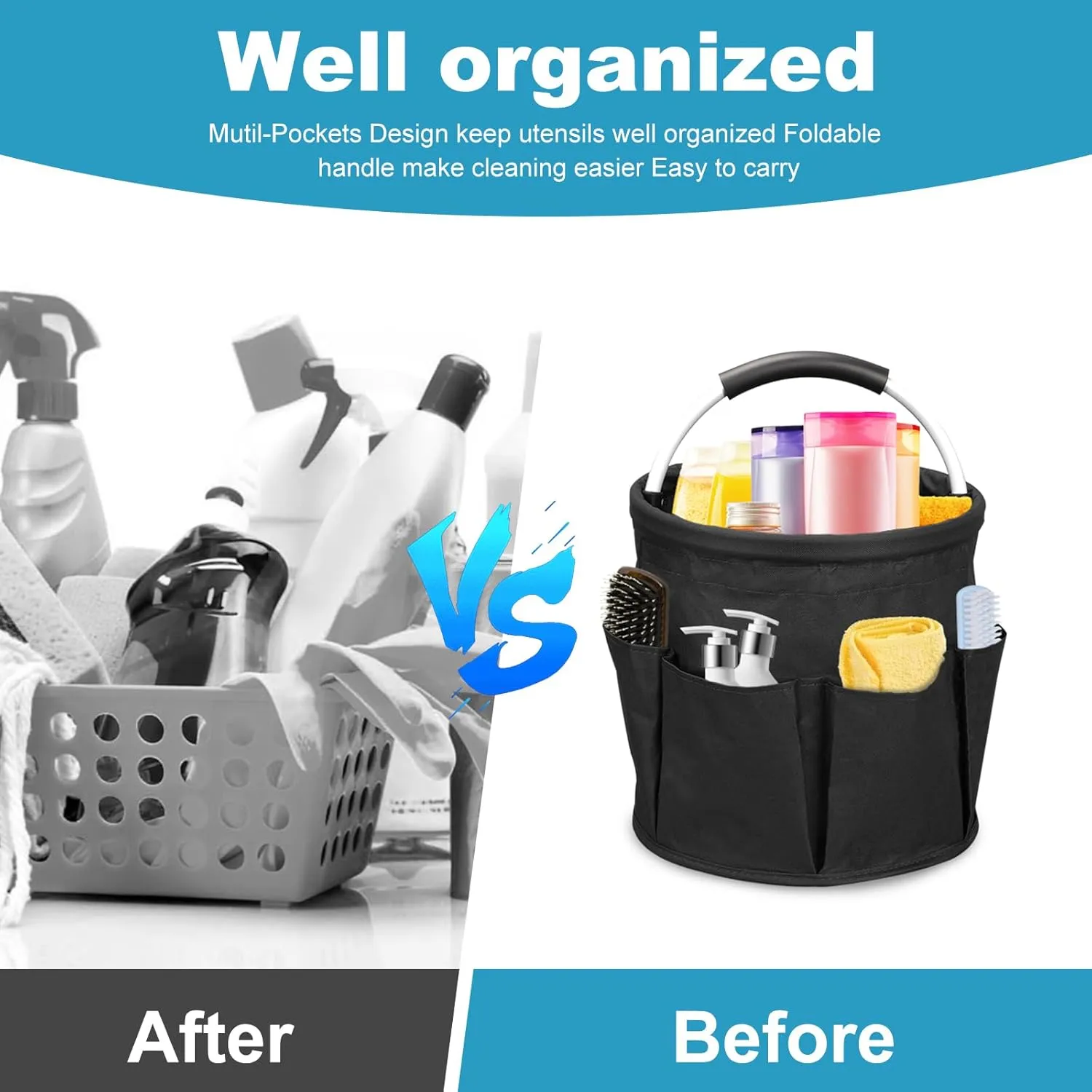 Qivine 17L Cleaning Caddy with Handle, Cleaning Supply Caddy Foldable Tool Bag Cleaning Products Organizers Portable Cleaning Bucket Organiser for Storing Towels (Black)