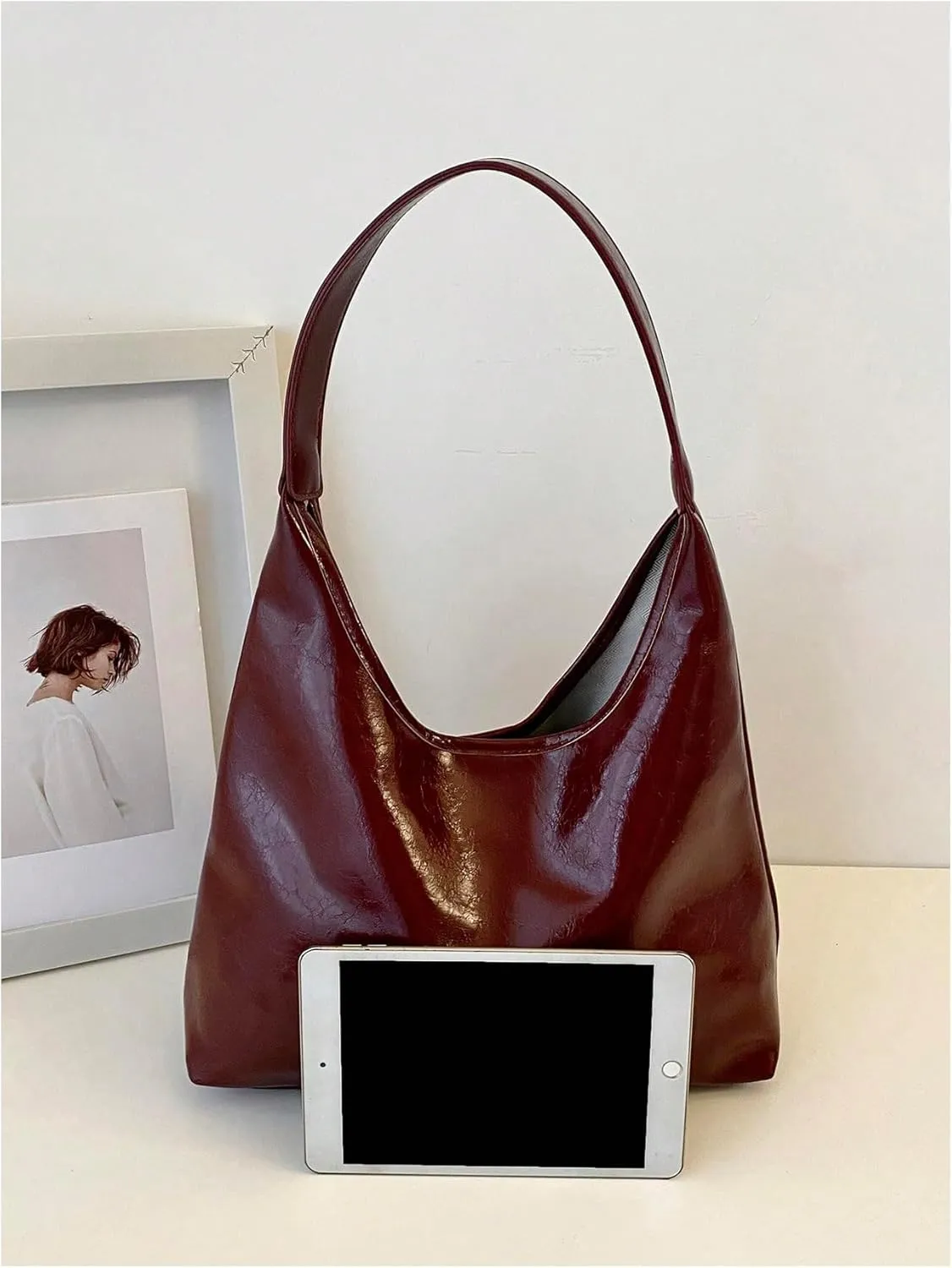 QWINEE Women's Large Capacity Open Top Shoulder Bag Faux Leather Retro Vintage Hobo Handbag