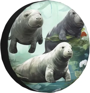 Rabbits Manatees Tire Cover Outdoor Waterproof Snow Sun Rain Wheel Cover Portable Wheel Bags Camper Spare Tire Cover Universal Car Tire Protectors for Trailer RV SUV