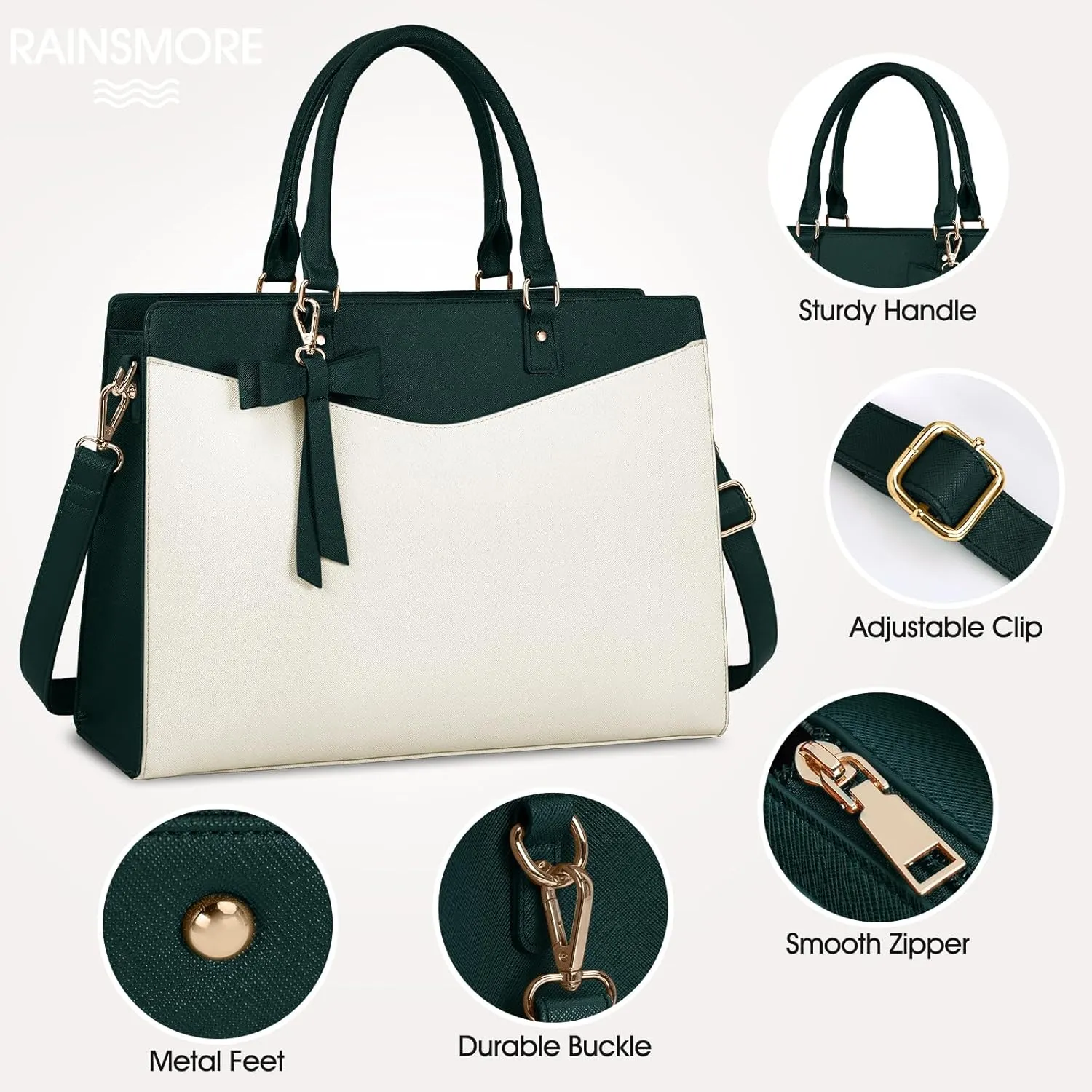 RAINSMORE Laptop Bag for Women 15.6 Inch PU Leather Laptop Tote Bag Professional Business Office Briefcase Waterproof Work Bag Computer Tote Bag Large Lightweight Handbag Shoulder Bag