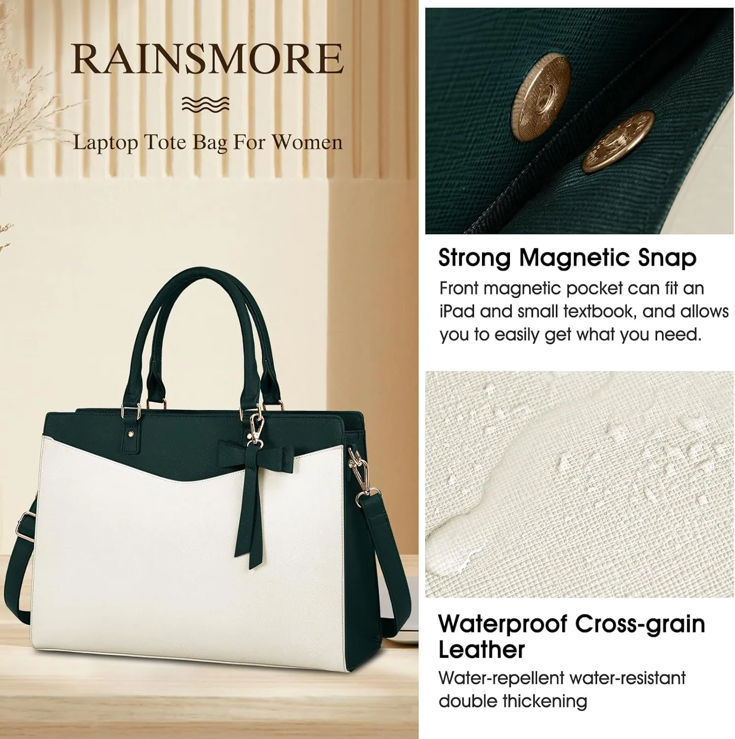 RAINSMORE Laptop Bag for Women 15.6 Inch PU Leather Laptop Tote Bag Professional Business Office Briefcase Waterproof Work Bag Computer Tote Bag Large Lightweight Handbag Shoulder Bag