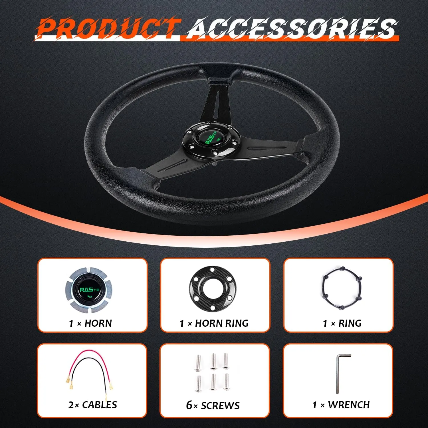 RASTP Universal Racing Steering Wheel 13.8”/350mm 6 Bolts Grip Vinyl Leather & Aluminum with Horn Button for Car -Black