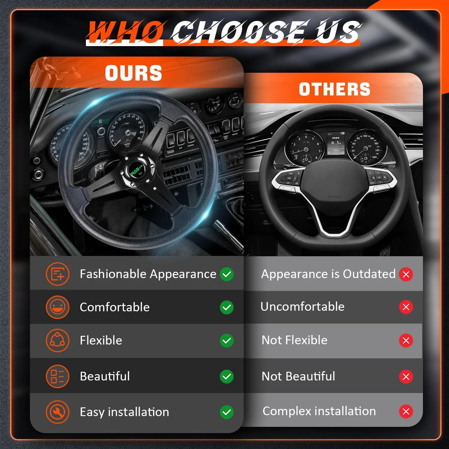 RASTP Universal Racing Steering Wheel 13.8”/350mm 6 Bolts Grip Vinyl Leather & Aluminum with Horn Button for Car -Black