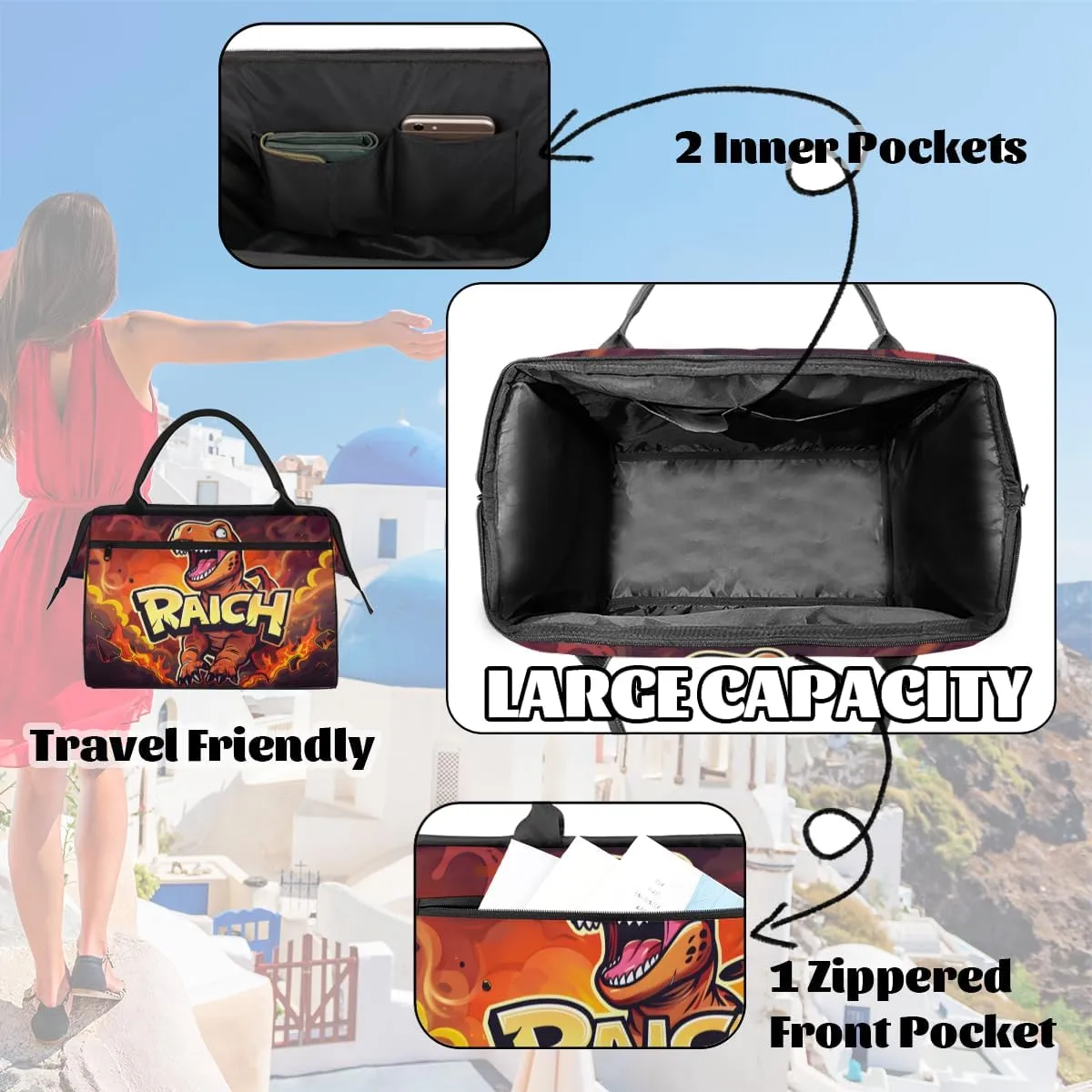 Red Animal Dinosaur Weekender Overnight Bag for Women Waterproof Carry On Travel Duffle Bags with Pocket Lightweight Sports Gym Tote Bag Large Luggage Workout Personal Item Hospital Bags