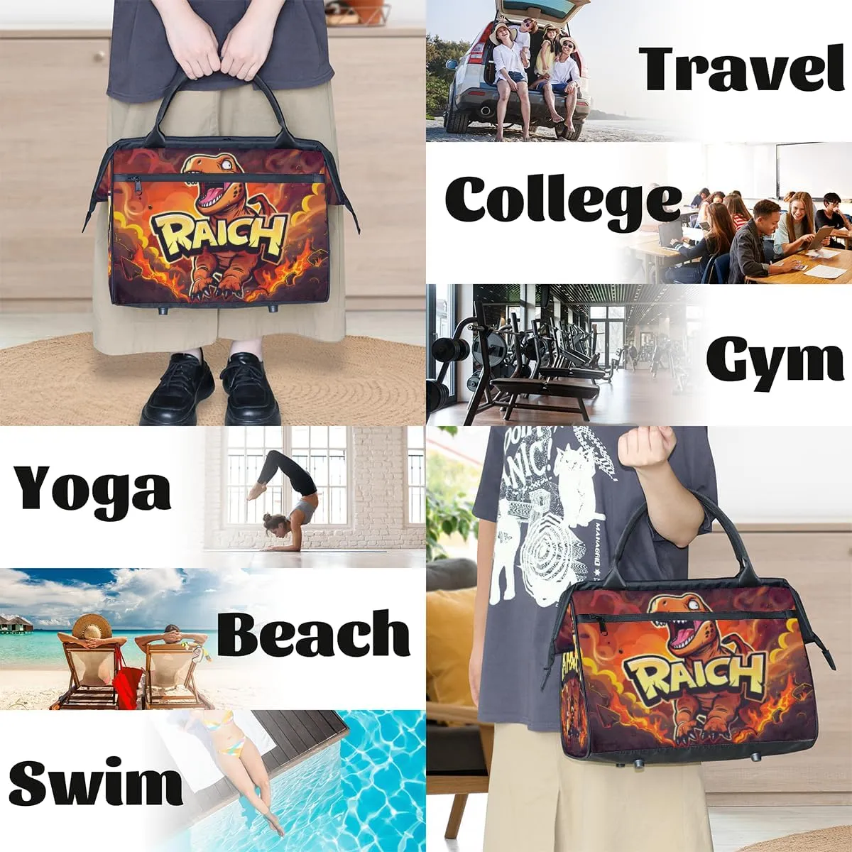 Red Animal Dinosaur Weekender Overnight Bag for Women Waterproof Carry On Travel Duffle Bags with Pocket Lightweight Sports Gym Tote Bag Large Luggage Workout Personal Item Hospital Bags