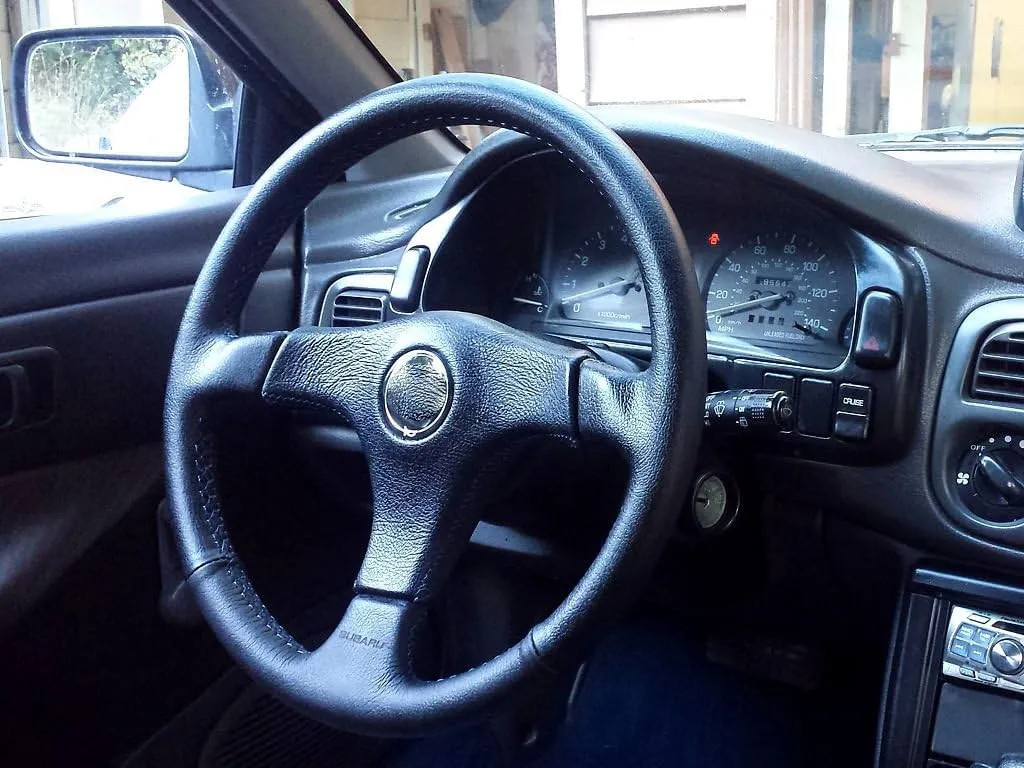 RedlineGoods Steering Wheel Cover - Nardi Compatible with Subaru Impreza 1992-98. Tailor Made - not Universal. Genuine top-Grade Italian Black Leather with Red Thread