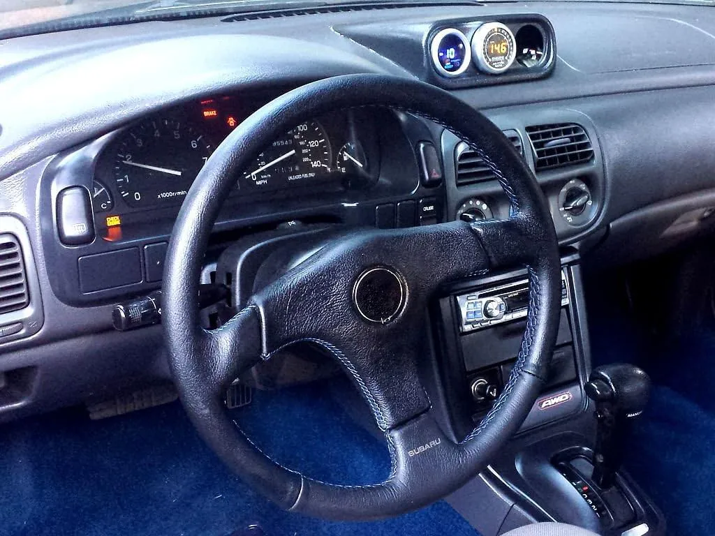 RedlineGoods Steering Wheel Cover - Nardi Compatible with Subaru Impreza 1992-98. Tailor Made - not Universal. Genuine top-Grade Italian Black Leather with Red Thread