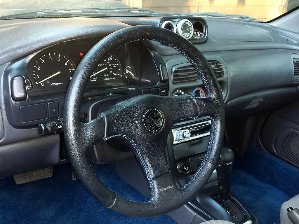 RedlineGoods Steering Wheel Cover - Nardi Compatible with Subaru Impreza 1992-98. Tailor Made - not Universal. Genuine top-Grade Italian Black Leather with Red Thread