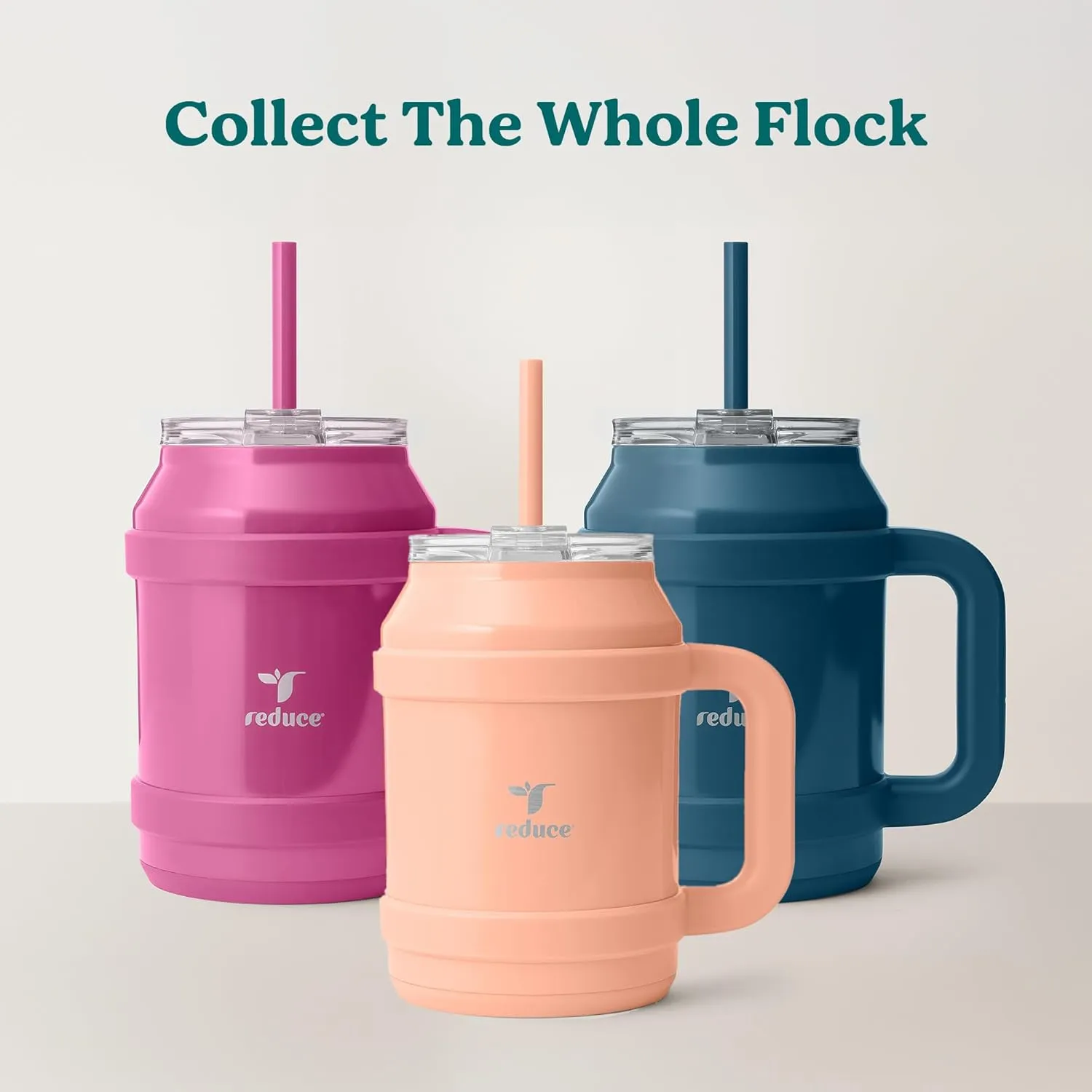 REDUCE Reusable 50 oz Cold1 Water Tumbler – Ergonomic Handle – Double-Wall Insulation – Sturdy Desktop/Tabletop Mug with Lid and Straw – BPA-Free – Stainless Steel for Gym, Home, or Office– Sand