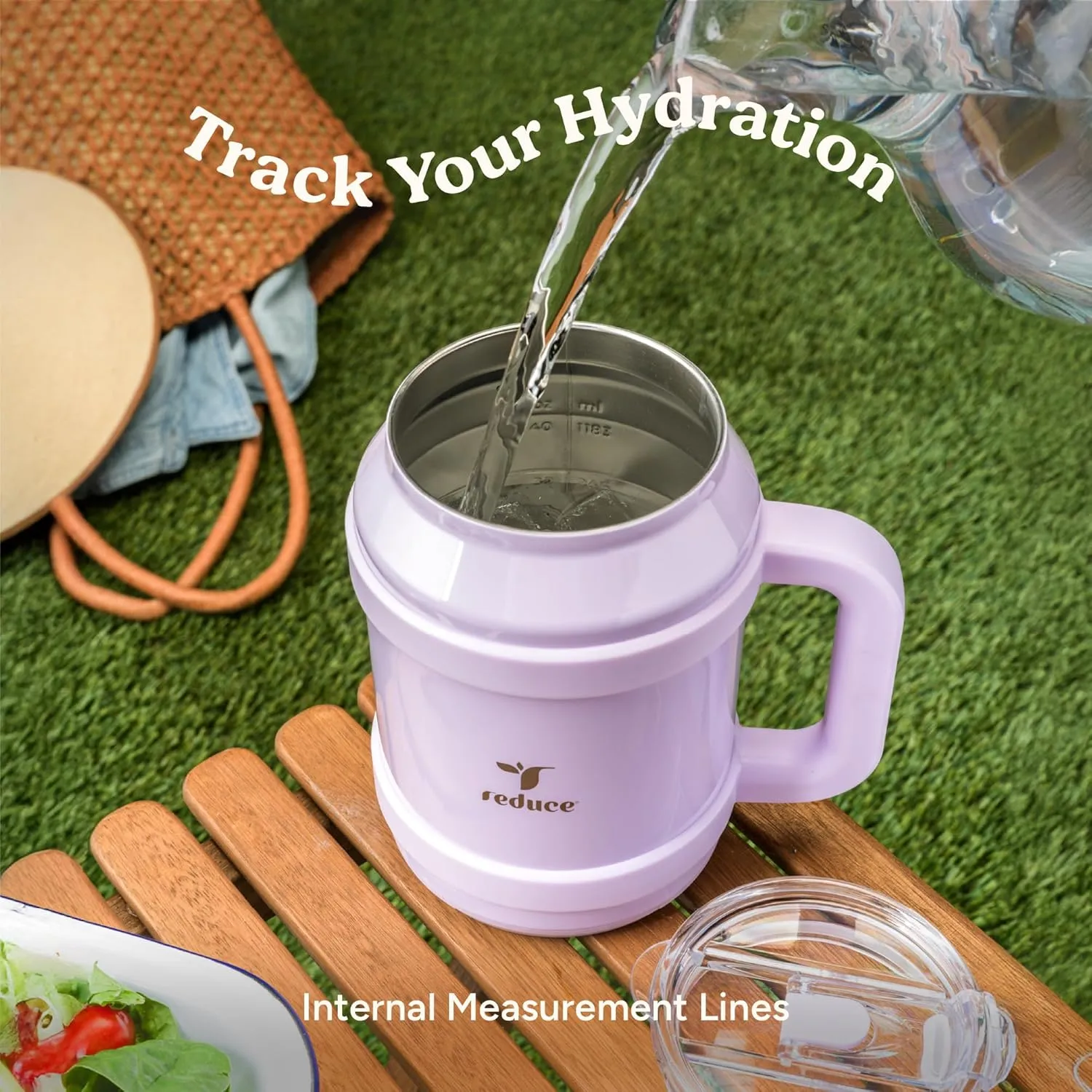 REDUCE Reusable 50 oz Cold1 Water Tumbler – Ergonomic Handle – Double-Wall Insulation – Sturdy Desktop/Tabletop Mug with Lid and Straw – BPA-Free – Stainless Steel for Gym, Home, or Office– Sand