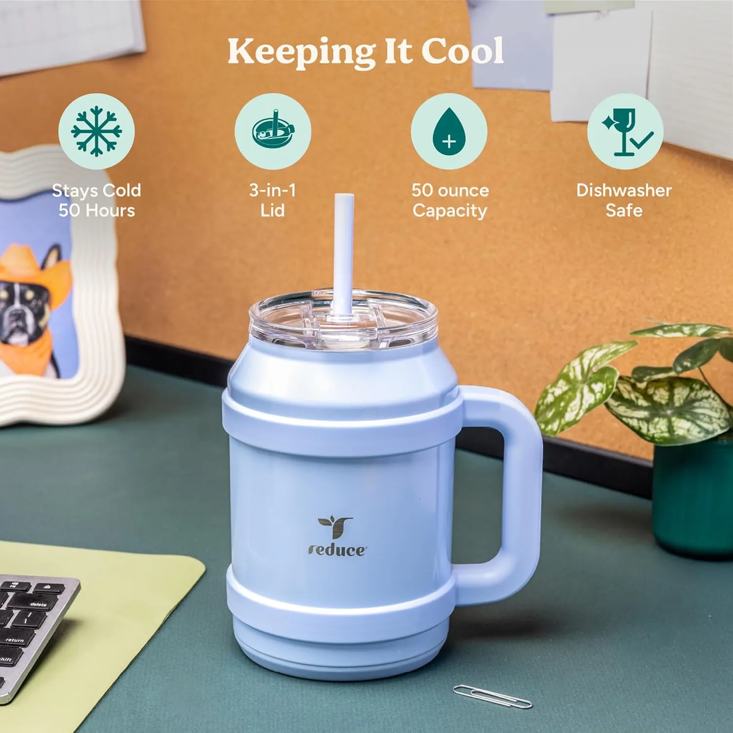 REDUCE Reusable 50 oz Cold1 Water Tumbler – Ergonomic Handle – Double-Wall Insulation – Sturdy Desktop/Tabletop Mug with Lid and Straw – BPA-Free – Stainless Steel for Gym, Home, or Office– Sand