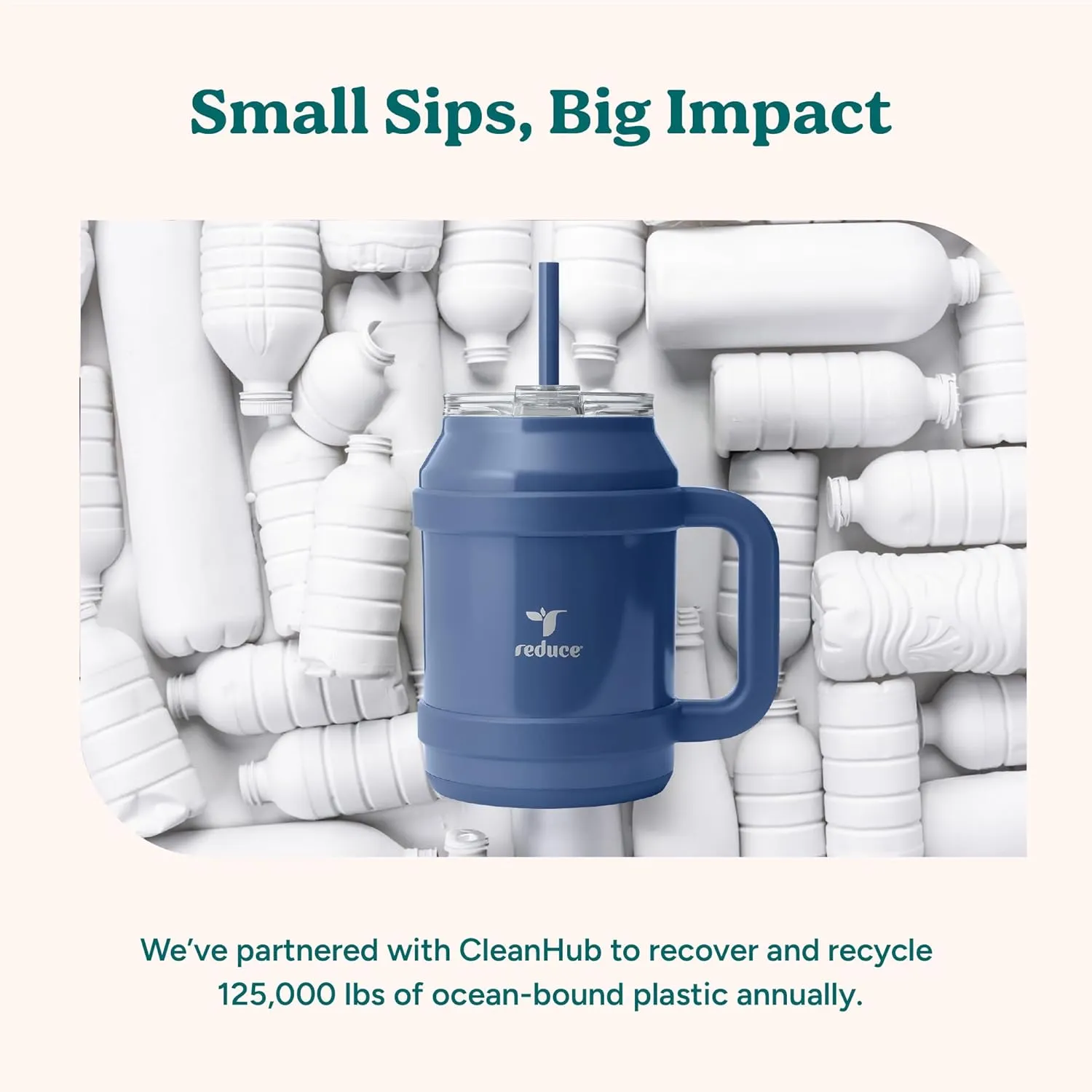 REDUCE Reusable 50 oz Cold1 Water Tumbler – Ergonomic Handle – Double-Wall Insulation – Sturdy Desktop/Tabletop Mug with Lid and Straw – BPA-Free – Stainless Steel for Gym, Home, or Office– Sand