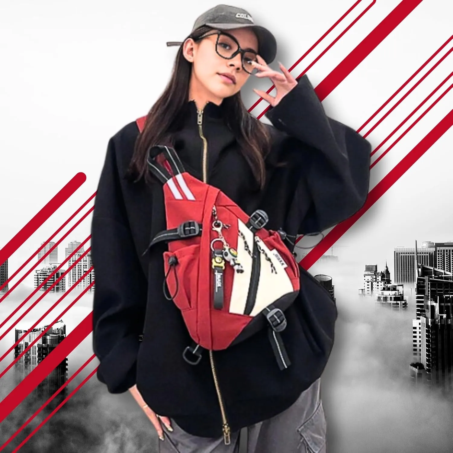 Reflective Two Tone Casual Convertible Sling Backpack Key Ring Strap, Adjustable Travel Zipper Multi-Pocket Crossbody Bags (Red, Small)