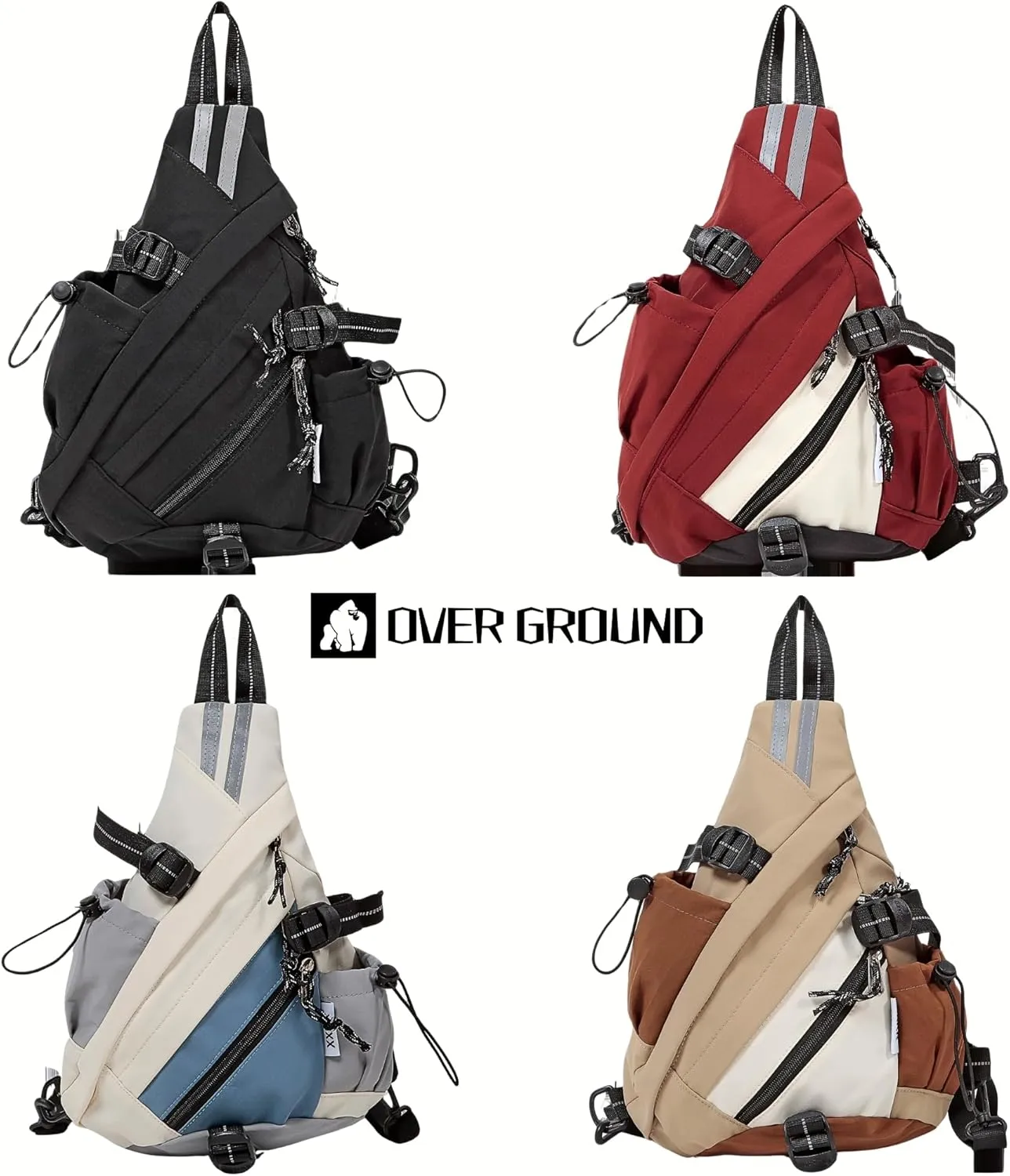 Reflective Two Tone Casual Convertible Sling Backpack Key Ring Strap, Adjustable Travel Zipper Multi-Pocket Crossbody Bags (Red, Small)