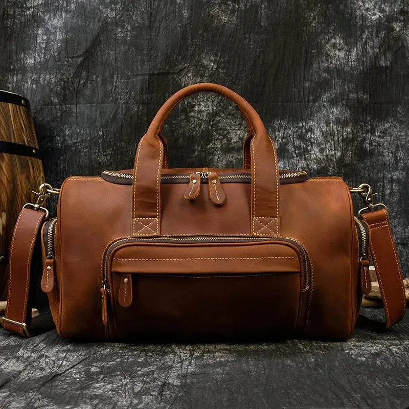 Retro Leather Men’s Travel Duffle Bag Large Capacity Cowhide Tote