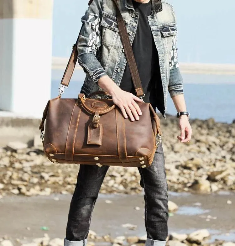 Retro Leather Men’s Travel Duffle Bag Large Capacity Cowhide Tote