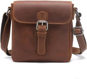 Retro Men's Shoulder Bag Crazy Horse Leather Crossbody Bag Small Square